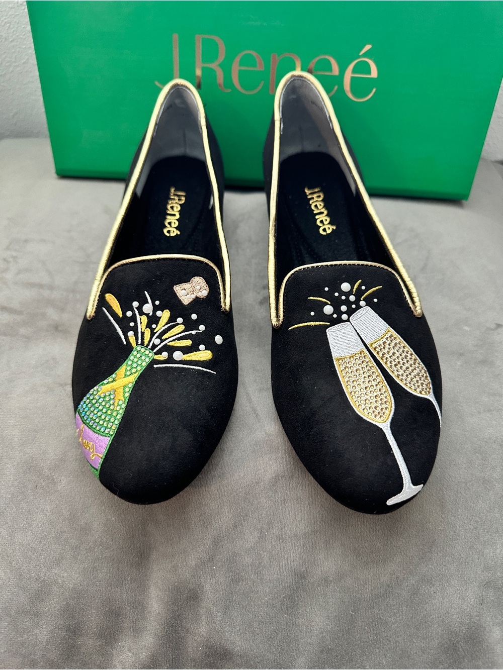 J.Renee Black Velvet Champagne & Toast Embroidered Loafers